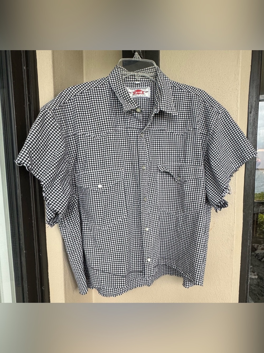 Vintage Chevignon Black/White Gingham Blouse Button Up Short Frayed Sleeves XL